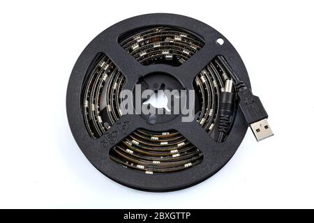 Usb led strip kit, Led backlight kit reel of RGB led strip light  on white background. Stock Photo