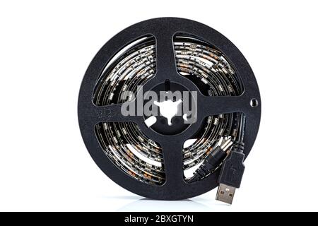 Usb led strip kit, Led backlight kit reel of RGB led strip light  on white background. Stock Photo
