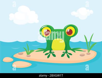 The frog sits on a large rock. Cute vector illustration of a cartoon style. Stock Vector
