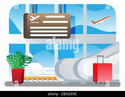 International airport concept. Modern travel bag and plant near escalator. Plane before takeoff. Terminal building interior in minimalist design. Flat style vector Stock Vector