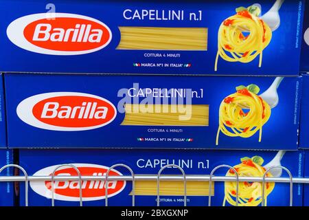 Tyumen, Russia-may 17, 2020: box of Pasta Barilla. Barilla produces several kinds of pasta. Stock Photo