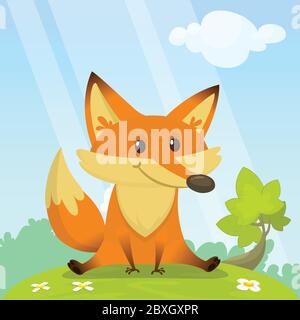 Cute fox sits on green glade. Vector illustration with an animal in cartoon style. Stock Vector