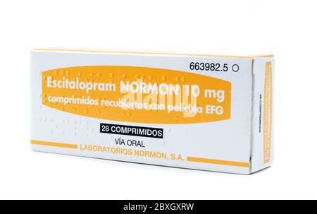 TBILISI, GEORGIA- April 18, 2020: Escitalopram antidepressant medicine pills closeup Stock Photo