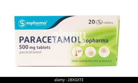 TBILISI, GEORGIA- April 18, 2020: Paracetamol medicine pills on the white Stock Photo