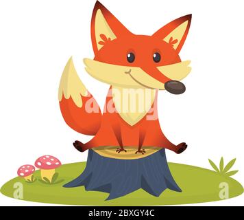 Cartoon happy fox sitting on tree stump. Vector illustration Stock Vector