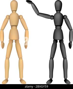 Wooden female or male manikin for drawing with different poses. Realistic vector illustration isolated on white background. Perfect to use for adverti Stock Vector