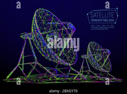 Colorful abstract polygonal satellite dish for space exploration. Vector illustration of radio antenna consisting of triangles, polygons, points and l Stock Vector