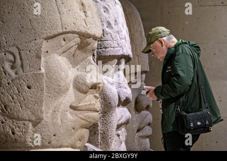 Tourist view colossal Olmec stone heads at the Museum of Anthropology in the historic center of Xalapa, Veracruz, Mexico. The Olmec civilization was the earliest known major Mesoamerican civilizations dating roughly from 1500 BCE to about 400 BCE. Stock Photo