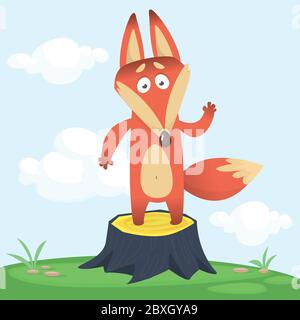 Flat vector cartoon illustration of a cute standing on stump red fox character with green meadow isolated. Contemporary flat style animal woodland the Stock Vector