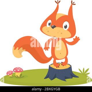Cartoon squirrel on tree stump in summer season background. Vector illustration Stock Vector