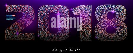 Abstract polygonal numbers for New Year 2018 with texture of starry sky or space universe. Vector illustration of wireframe numbers consisting of poly Stock Vector