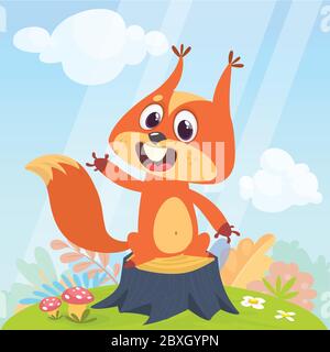 Animals in the forest. Vector illustration with cute squirrel in a children's cartoon style. Stock Vector