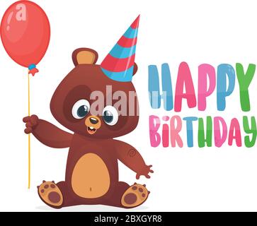 Happy birthday greetings cartoon style postcard. Vector illustration of a bear holding a red balloon celebrating holiday. Isolated on white. Great for Stock Vector