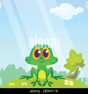 Frog Cartoon Character sitting on the ground isolated on forest  background. Colorful vector illustration. Design for children book illustration Stock Vector