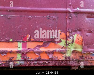 Rust and pealed paint on an old abandoned train carriages, on the East Lancashire Railway. Stock Photo