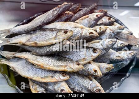 Dried fish. Dried fish background. Dried ballerus. sale on the market Stock Photo