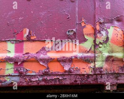 Rust and pealed paint on an old abandoned train carriages, on the East Lancashire Railway. Stock Photo
