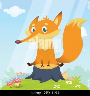 Cartoon fox character. Vector illustration of fox isolated on colorful forest background with flowers and mushrooms on the meadow and sky Stock Vector