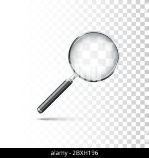 Magnifying glass with metal frame and black handle. Realistic style icon. Vector illustration isolated on transparent background Stock Vector