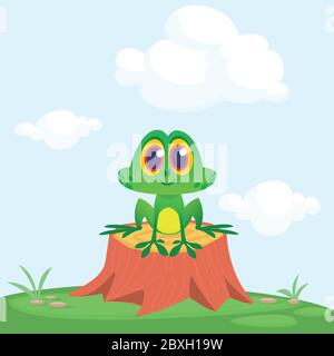 Funny Frog Cartoon Character sitting on tree stump on the meadow background. Colorful vector illustration Stock Vector