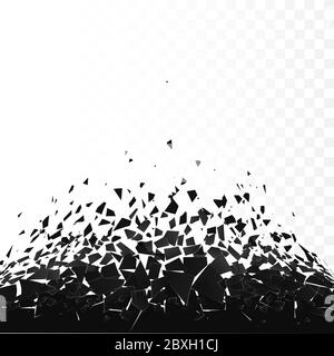Abstract cloud of pieces and fragments after explosion. Demolition black surface. Shatter and destruction effect. Vector illustration isolated on tran Stock Vector