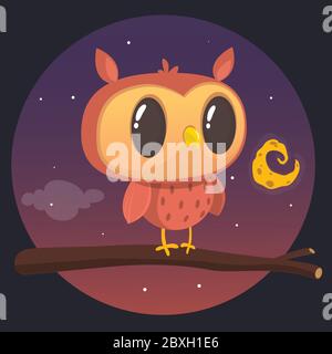 Cartoon owl sitting on branch on background of the full moon Stock Vector