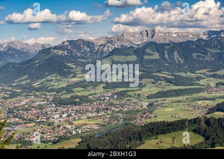 spectacular panoramic view over the Iller vally to the Allgau High Alps between Sonthofen and Oberstdorf, Allgau Alps, Bavaria, Germany, Landscape Stock Photo