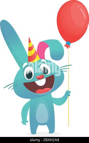 Vector illustration of a cute funny bunny holds air balloon. Birthday party illustration. Vector Stock Vector