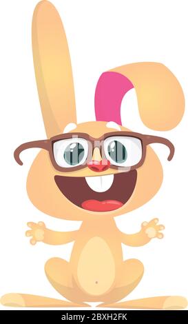 Happy cartoon rabbit wearing big eyesglasses waving hand. Vector illustration of smart bunny Stock Vector