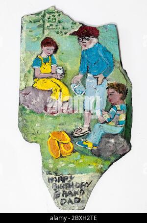 Small Naive Painting on Slate Stock Photo