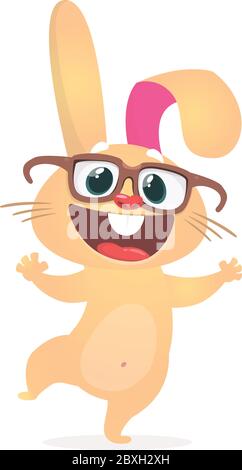 Happy cartoon rabbit wearing big eyesglasses waving hand. Vector illustration of smart bunny Stock Vector