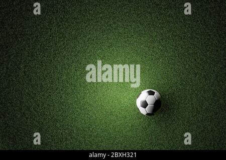 3D illustration of above view of green grass with Football of a play ground or field. Pattern and Textured concept Stock Photo