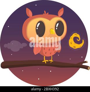 Halloween card, silhouette of owl with large eyes sitting on a branch against a full moon and starry night sky Stock Vector