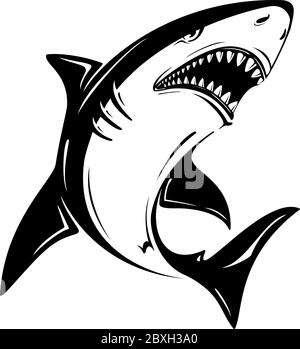 Angry black shark vector illustration isolated on white background. Perfect to use for printing on tshirts, mugs, caps, logos, mascots or other advert Stock Vector