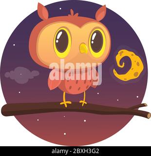 Cartoon owl sitting on branch on background of the full moon. Vector illustration Stock Vector