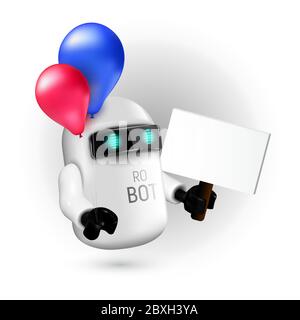 Cute flying robot with red and blue balloons holding a sign without text in his hand. Realistic vector illustration on white background. Can be used f Stock Vector