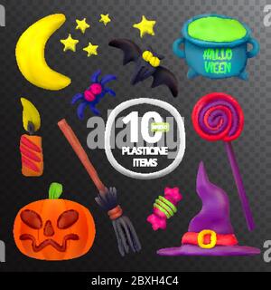 Handmade vector Plasticine set for Halloween. Vector illustration of moon, bat, pot, candle, pumpkin, broom, spider, candy, hat and lollipop isolated Stock Vector