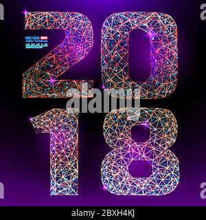 Abstract polygonal numbers for New Year 2018 with texture of starry sky or space universe. Vector illustration of wireframe numbers consisting of poly Stock Vector