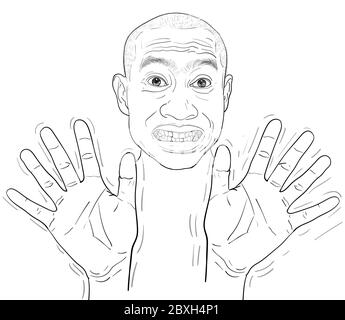 Drawing funny portrait of a man, denial, farcical expressions of Asian guy. vector illustration. Stock Vector