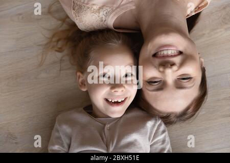 Top view portrait of happy young mom and little daughter Stock Photo