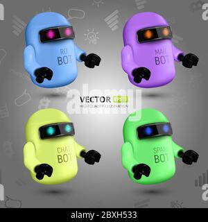 Vector Set With Four Colorful Chat Bots, The Concept Of Virtual Assistant For UI, Mobile Application Or Website Design. Vector Illustration Of Robots Stock Vector
