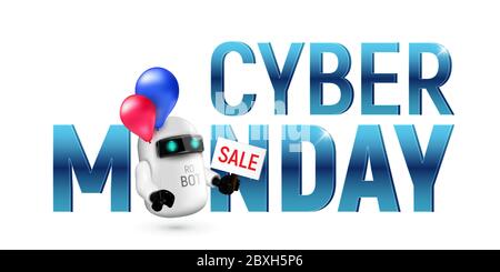 Cute flying robot with red and blue balloons holding a sale sign in hand. Realistic vector illustration to cyber monday isolated on white background. Stock Vector