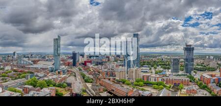 Panoramic drone photo of Deansgate Square Manchester England, modern tower block skyscrapers dominating the manchester city centre landscape. Stock Photo