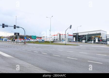 The Zakopianka road near Krakow city in Poland totally empty due to coronavirus. No cars or people on the street. Stock Photo