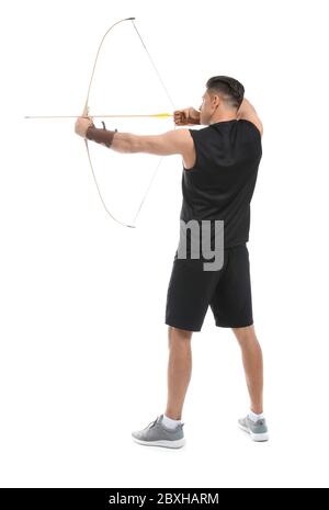 Handsome man with crossbow on white background Stock Photo