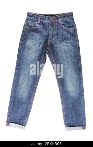 Blue classic jeans with trousers wrapped underneath isolated on white background Stock Photo
