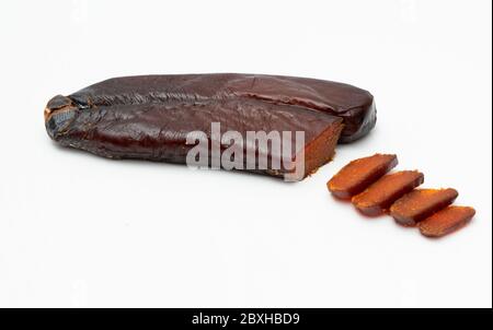 Bottarga, the dried, pressed roe of the mullet, used in the sardinian cooking Stock Photo