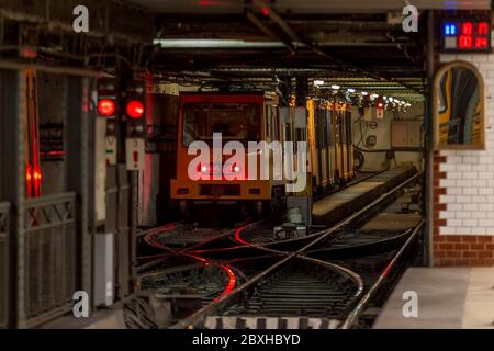 M1 metro line is the first metro line in Budapest and was the first underground railway line in the Europe as well.The subway car at Vorosmarty square Stock Photo