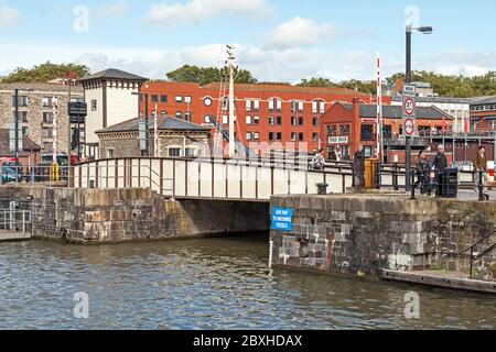 Prince Street swing bridge in Bristol, UK. The bridge was built in 1879 and was restored between 2015 and 2017. Stock Photo