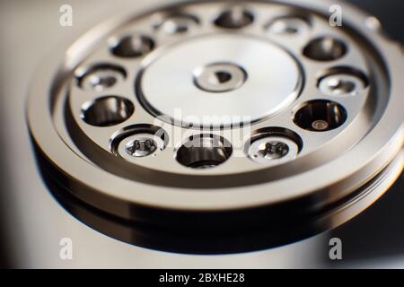 View of hard disk computer ,hard disc drive repair macro opened HDD drive, close up. Stock Photo